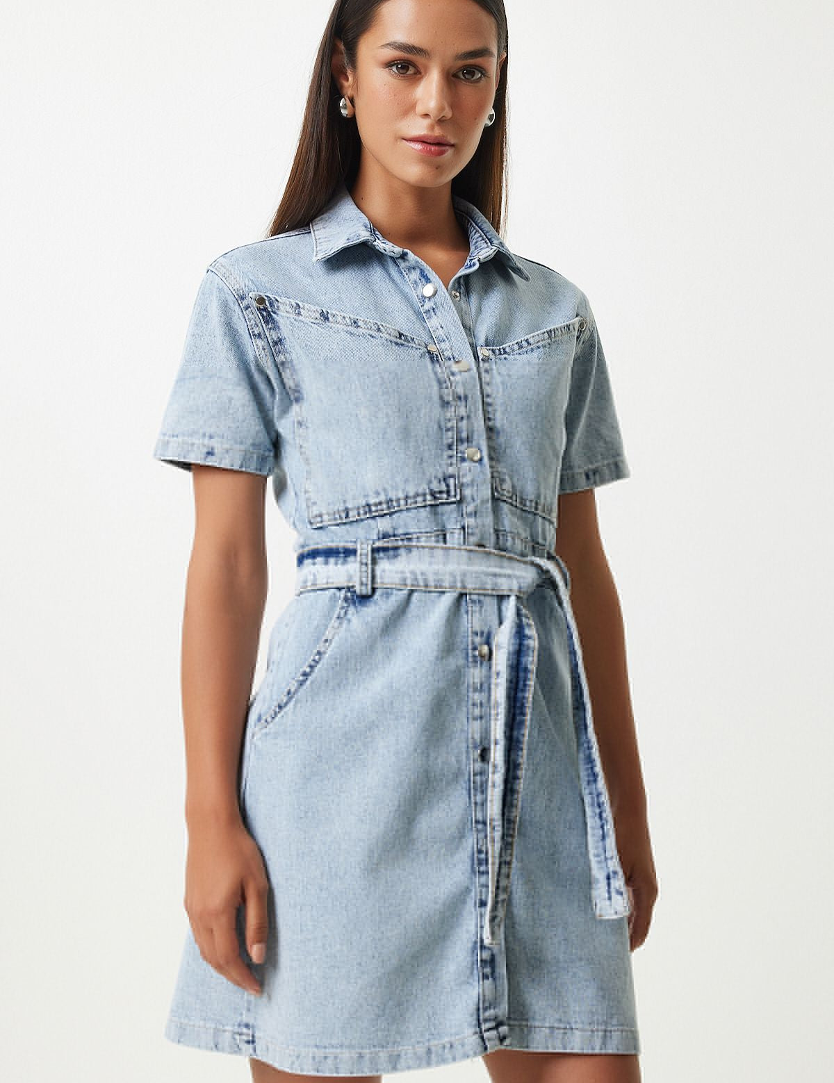 
Shop our Classic Denim Shirt Dress for a chic and versatile addition to your wardrobe. Made from high-quality denim, this belted dress features a button-front closure and short sleeves. Perfect for any occasion, enjoy comfort and style in one timeless piece. Free shipping 

