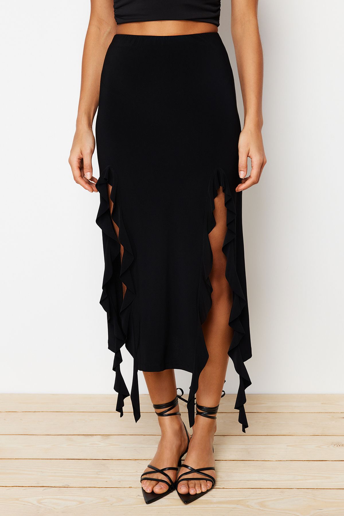 Rhea Ruffle Slit Midi Skirt - Black