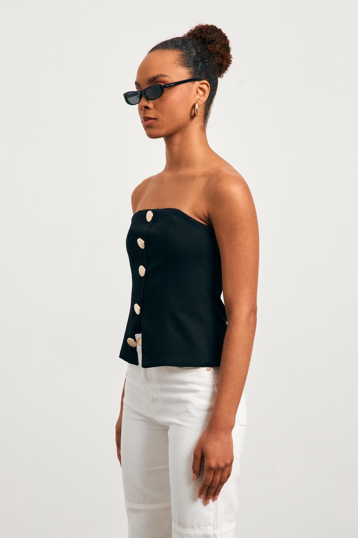 VIVIAN Strapless Button-Up Corset Top - Black