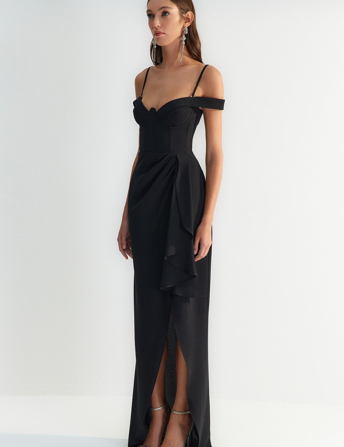 Elegant Black Off-the-Shoulder Evening Gown with Draped Detail