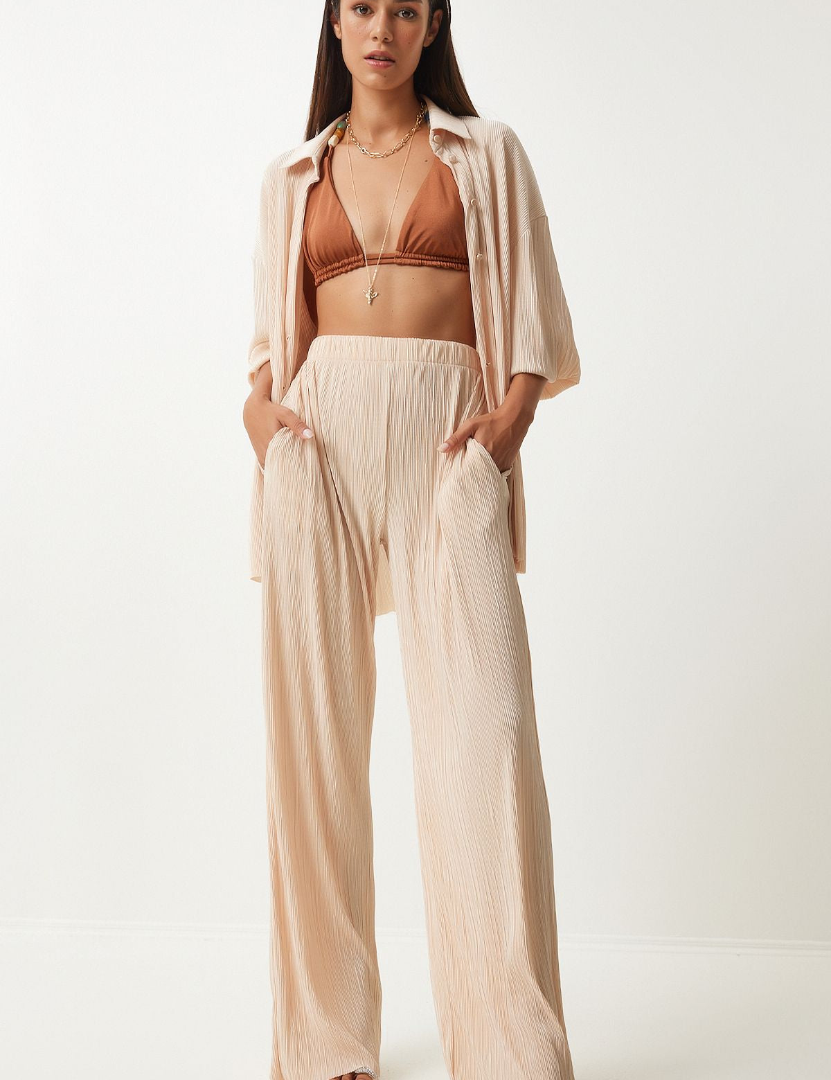 Chic Cream Oversized Button-Up Shirt and Wide-Leg Trousers Set