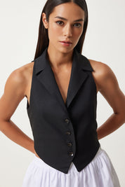 
Black button-down vest, classic black vest, tailored black vest, women’s stylish vest, V-neck vest with lapels, versatile black vest, formal black vest, casual black vest, sophisticated women’s vest, black vest for layering.
