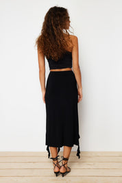 Rhea Ruffle Slit Midi Skirt - Black