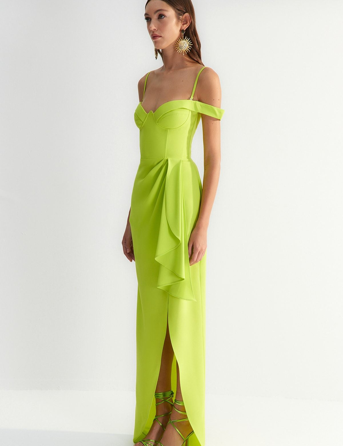 Women’s Neon Green Off-Shoulder Draped Midi Dress