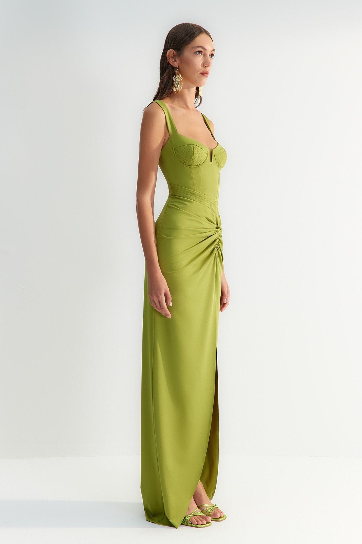 Lime Green Evening Gown - Sweetheart Neckline and Thigh-High Slit