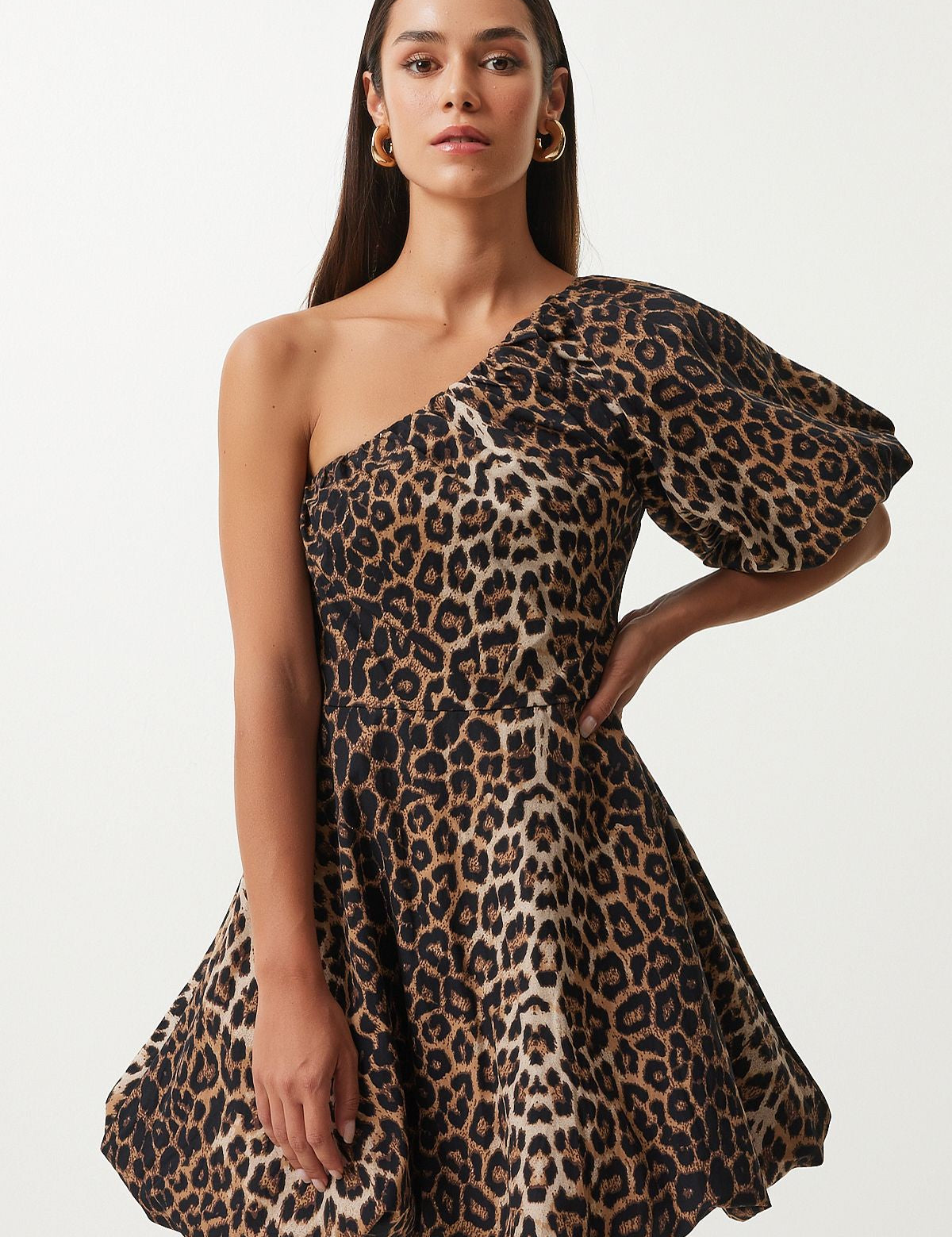 Leopard print one-shoulder dress, one-shoulder puff sleeve dress, trendy leopard dress, fitted bodice flared skirt dress, women’s evening wear, bold fashion dress, stylish party dress, sophisticated leopard dress, elegant special occasion dress, women’s fashion.
