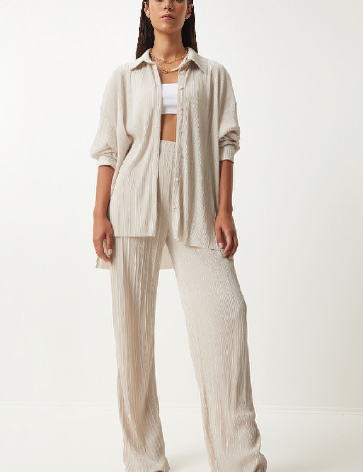 Chic Beige Oversized Button-Up Shirt and Wide-Leg Trousers Set