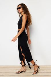 Rhea Ruffle Slit Midi Skirt - Black