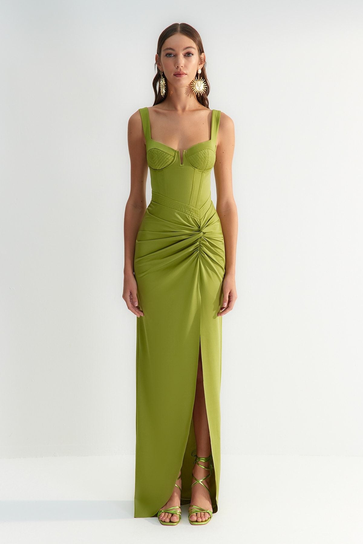 Lime Green Evening Gown - Sweetheart Neckline and Thigh-High Slit