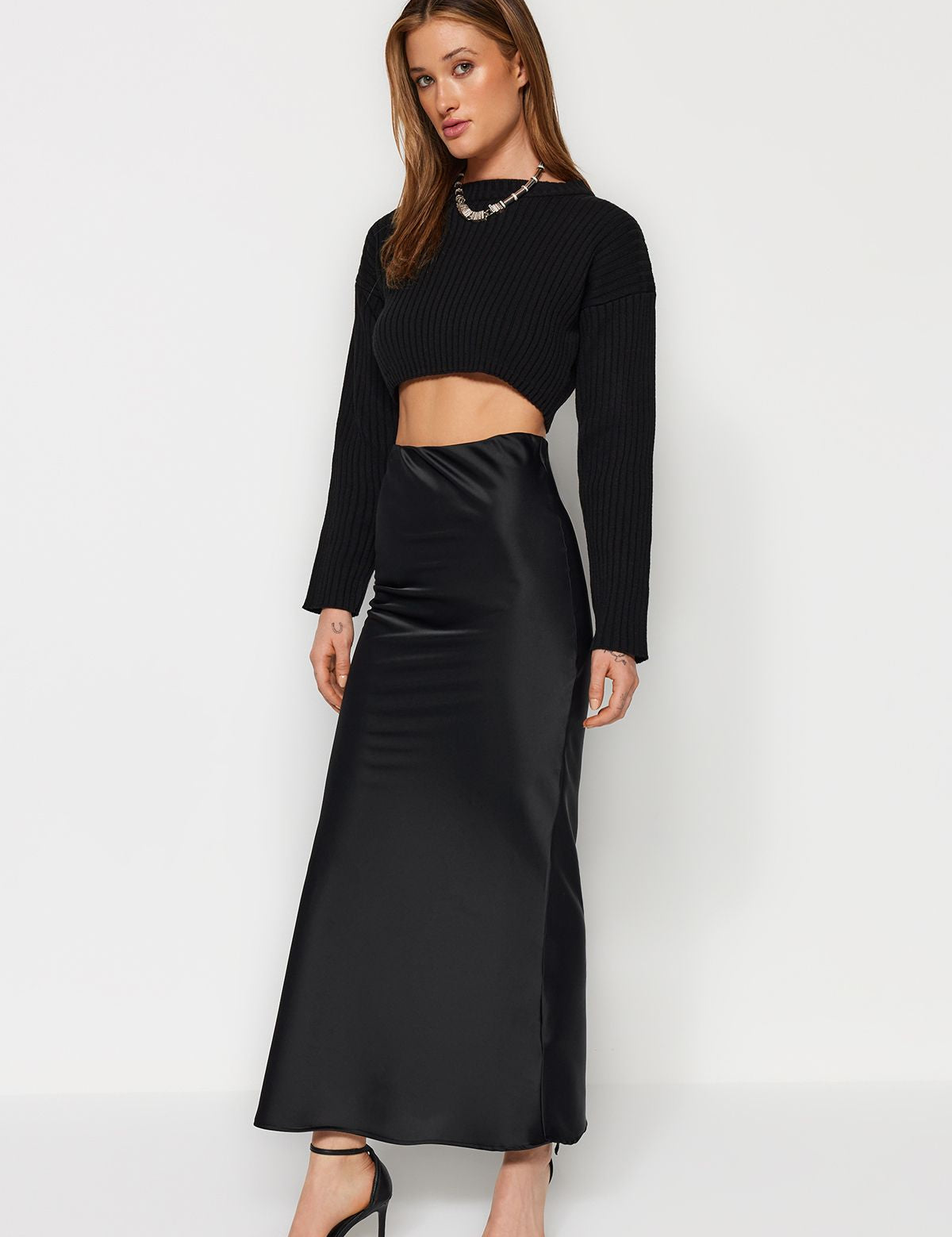 BLACK SATIN MIDI SKIRT